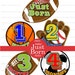 ON SALE Pre-Cut Monthly Baby Stickers PLUS Just Born (1st year Sports) Boy Milestone, Bodysuit, Photo prop, Shower gift. Brown, blue, red