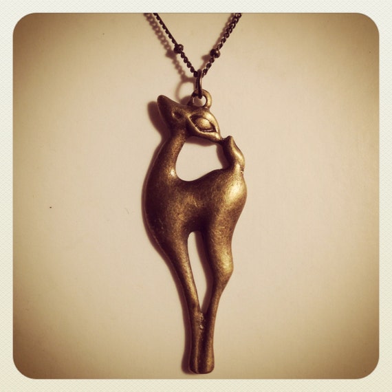 Items similar to Kawaii Deer Antique Brass Charm Necklace, Darling Doe