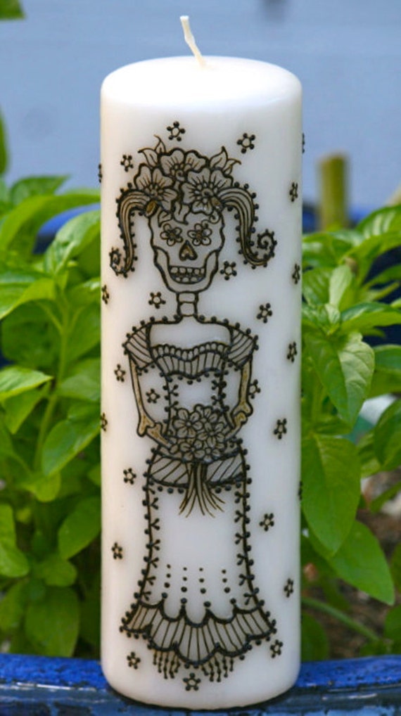 Day of the Dead Sugar Skull Candle decorated with henna