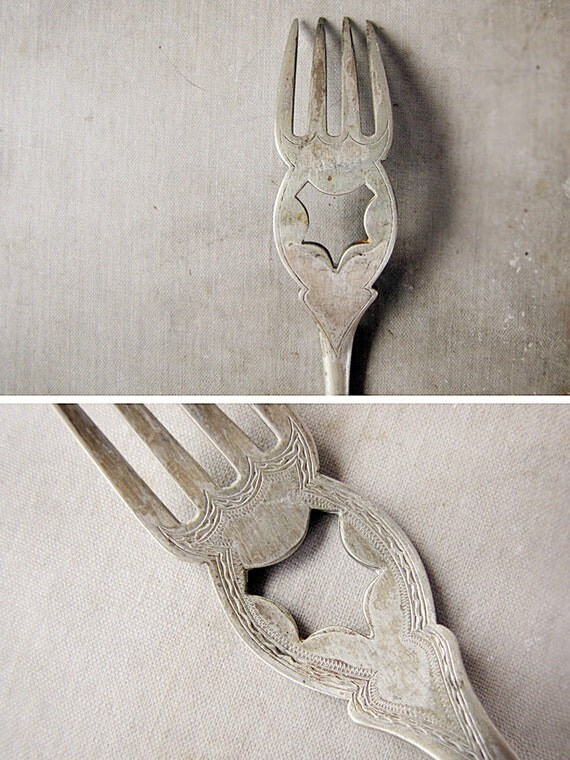 antique ornate fork open metal work engraved silver