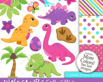 Dinosaur clipart - DINOSAURS FOR GIRLS - Clip Art and Digital Paper Set