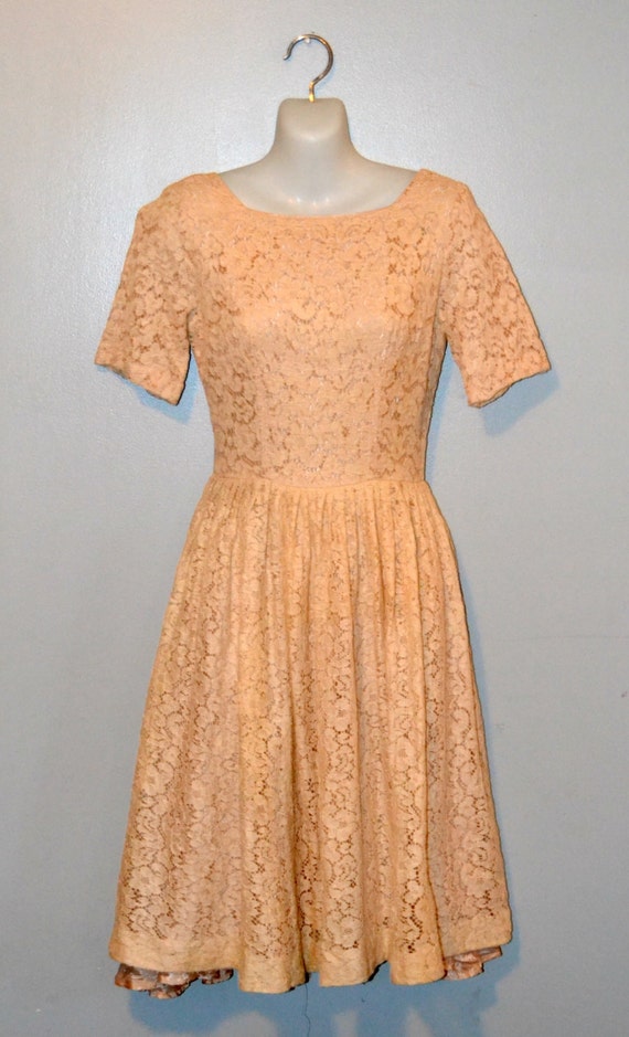 1950s Champagne Lace Tea Length Dress by KrisVintageClothing