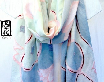Hand painted Silk Scarf Shawl, Japanese Scarf, Kimono Silk Scarf, Pastel Pink Tulip Scarf, Ice Green, Gray, Silk Charmeuse Scarf, 22x90 inch