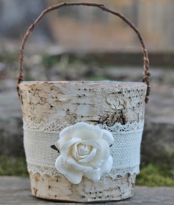 Birch Bark Rustic Flower Girl Basket Burlap Lace and A Paper Rose