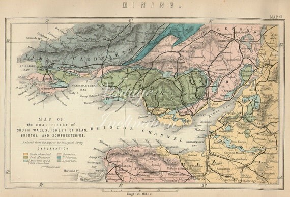 Vintage BRISTOL COAL MINING map 1890 United Kingdom Britain