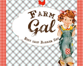 Etsy Shop Banner Set w/ New Size Cover Photo - Vintage Farm- 6 Piece Set - Adorable Country Farm Gal Wearing Overalls