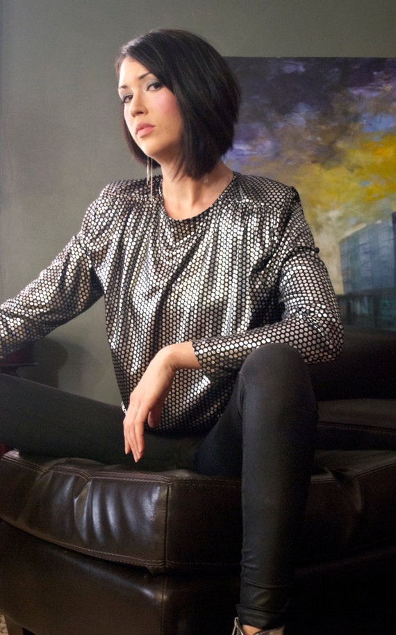 Amazing 80s Black and Silver Polka Dot Blouse with Shoulder Pads