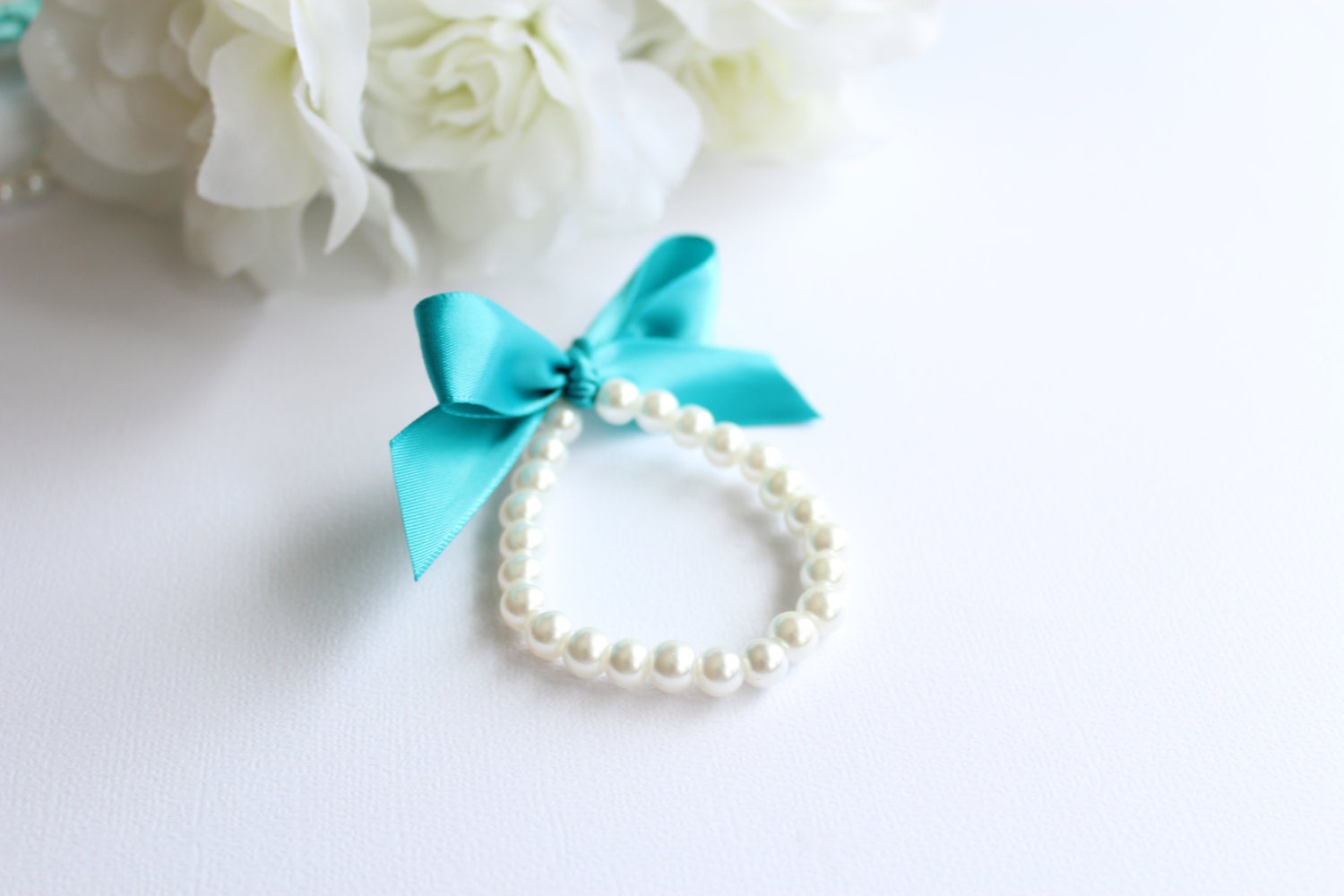 Little Girl Pearls and Ribbon Bracelet Teal Oasis