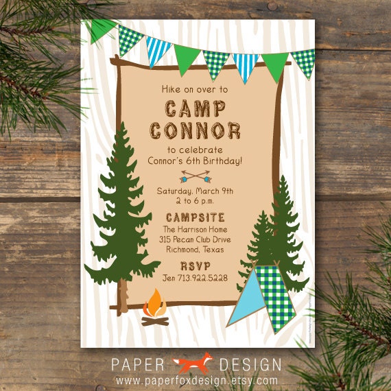 Camp Theme Invitation Printable Blue & Green