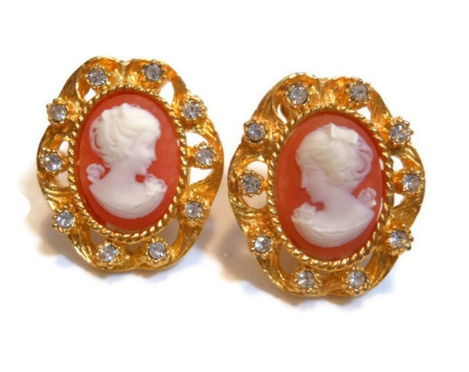 FREE SHIPPING R.J. Graziano cameo clip earrings on card with signature gold plate and Austrian crystal embellishments