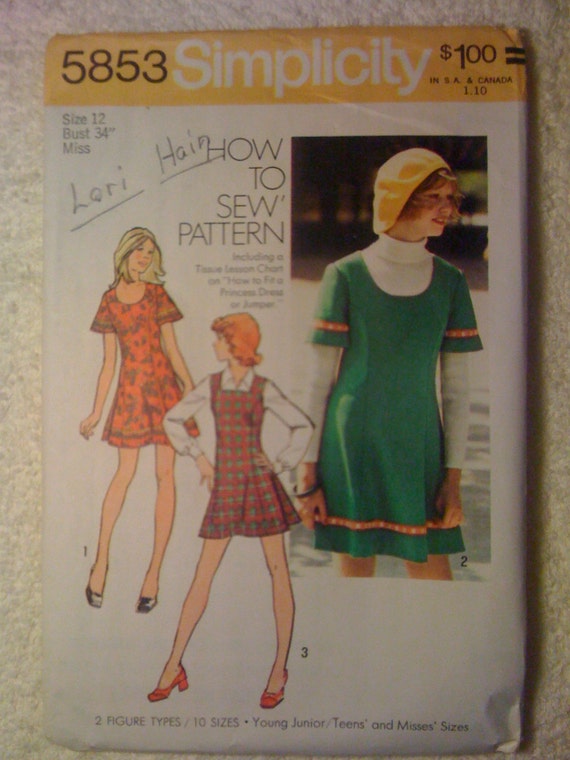 Simplicity 70s Sewing Pattern 5853 Young Juniors/Teens and Misses Short Dress or Jumper Size 12 Sale