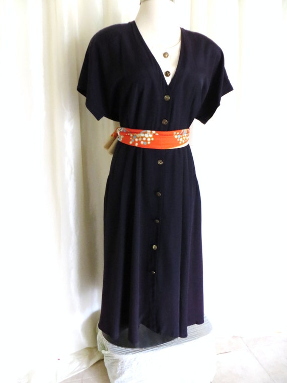 Vintage womens dress plus size L XL XXL navy blue white summer button ...