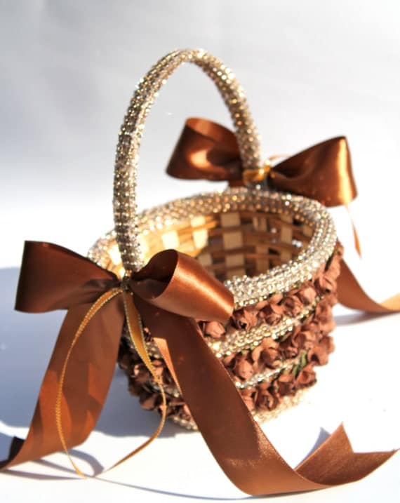 Flower Girl Basket Golden Brown  With Sparkle Rhinestone Mesh and  Bi Color Satin Ribbon Bows, Couture Flower Girl, Autumn wedding