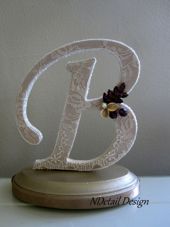 Items Similar To Monogram Wedding Cake Topper Letter B In Champagne Lace Gold And Eggplant 