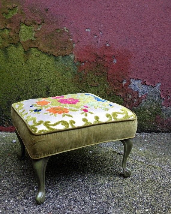 vintage velvet footstool with metal queen anne legs. by ReRunRoom