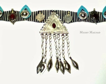 Turkoman tribal fusion belly dance belt in black, white, turquoise and red. OOAK