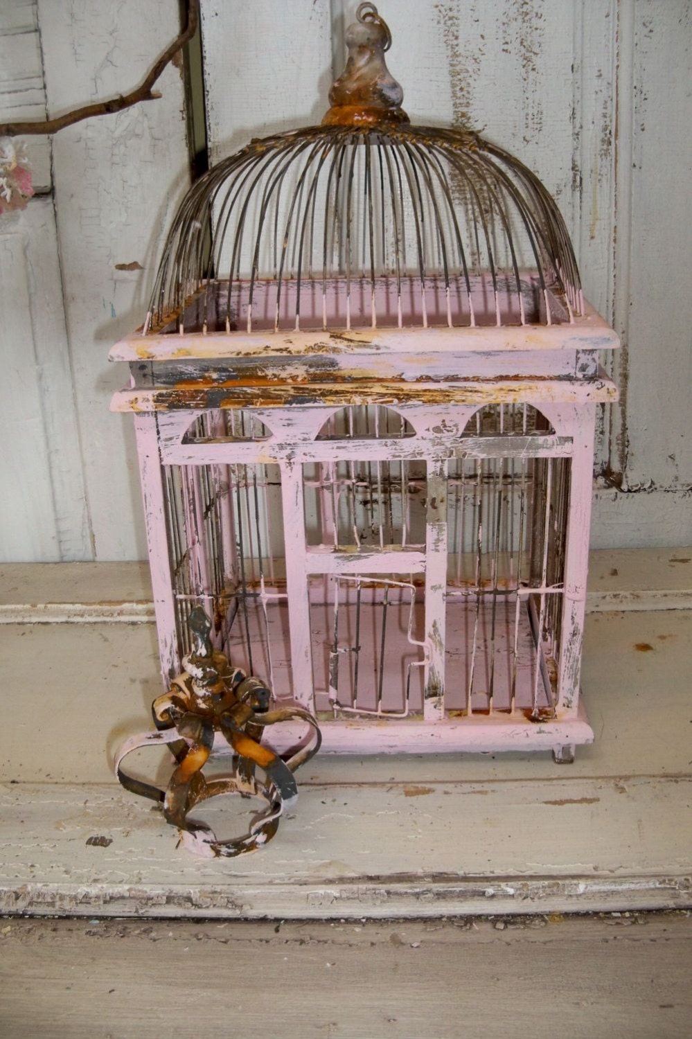 Reserved Wood and wire pink birdcage with crown distressed