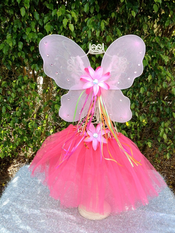 Pink Princess Fairy Wings, Pink Tutu, Orange, Hot Pink and Lime Ribbon ...