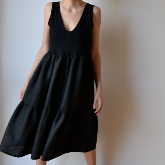 Black tiered little black dress linen and jersey. by MuguetMilan