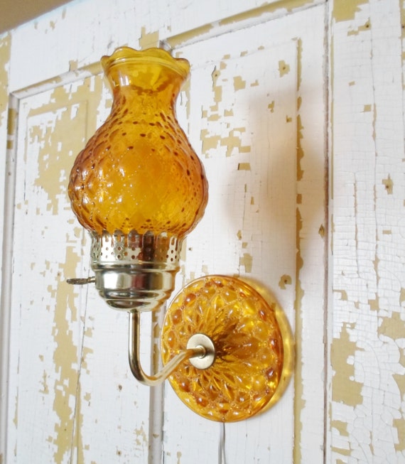 Vintage Amber Glass Faux Gas Light Wall Sconce Electric