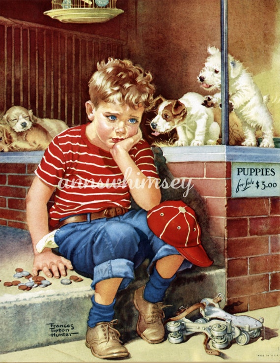 Dog Puppies Little Boy Restored Antique Art Print Pet Store