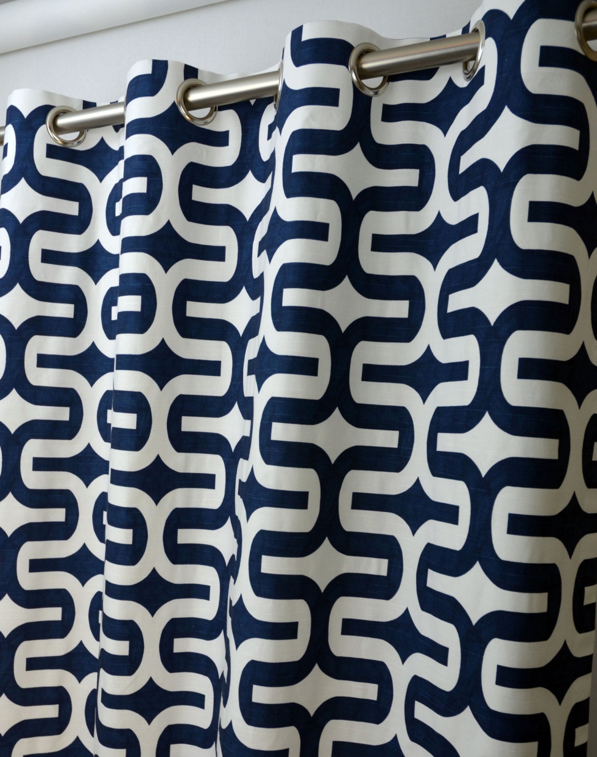 Navy Blue White Modern Geometric Embrace Curtains Grommet