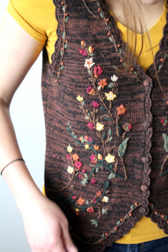 Brown Floral Embroidered Sweater Vest