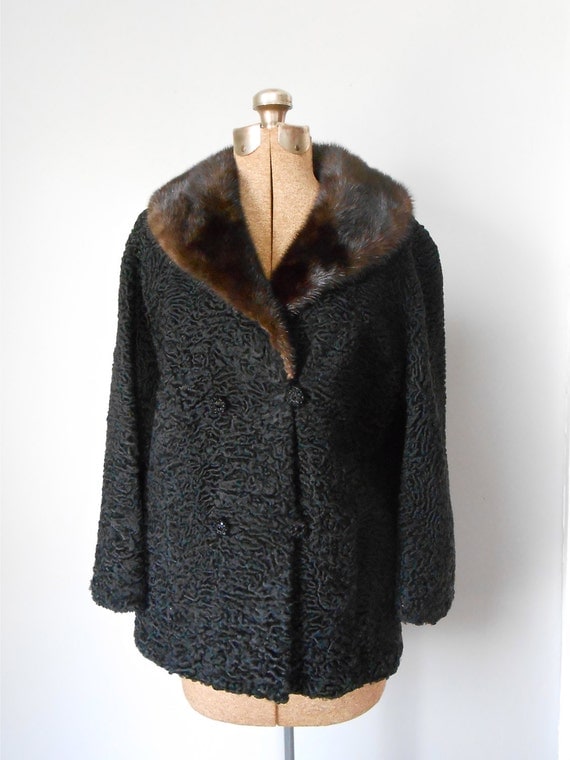 50s Swakara Broadtail Karakul Lamb Coat with Rhinestone