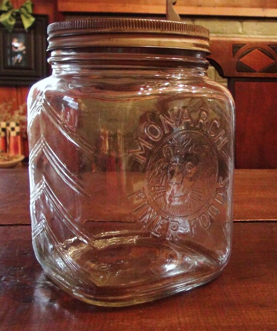 Large Vintage Monarch Finer Foods Glass Jar with Embossed