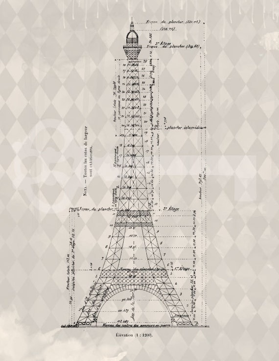 Items similar to Eiffel Tower Elevation Schematics Digital Download ...