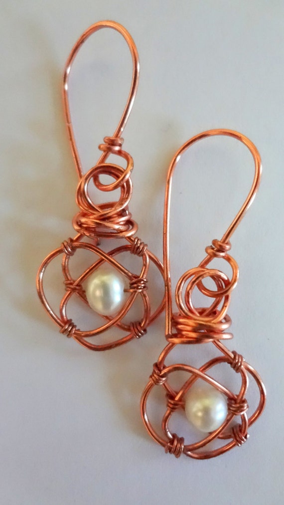 Copper Wire Wrapped Pearl Earrings by HAPPIMADE on Etsy