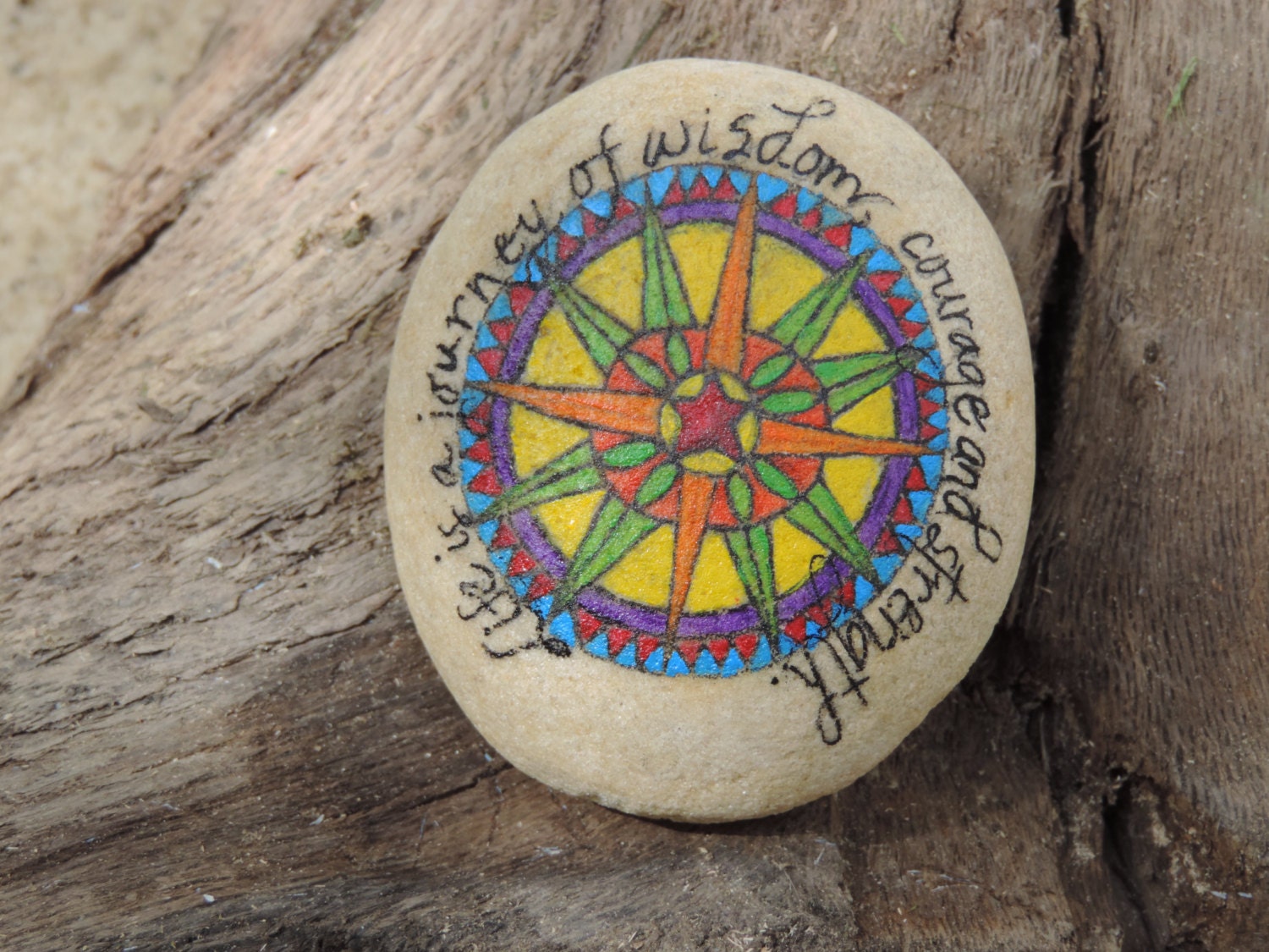 Compass Rose hand painted on white Lake Erie beach stone with