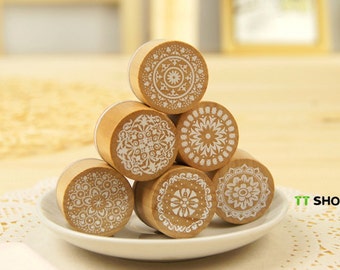 Korean wooden wood Round decoden Rubber Stamp Set stamp up stampin up- 6 Pcs in 6 different Decorative pattern