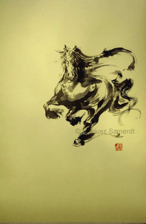 Horse Japanese ink painting rice paper stamped original