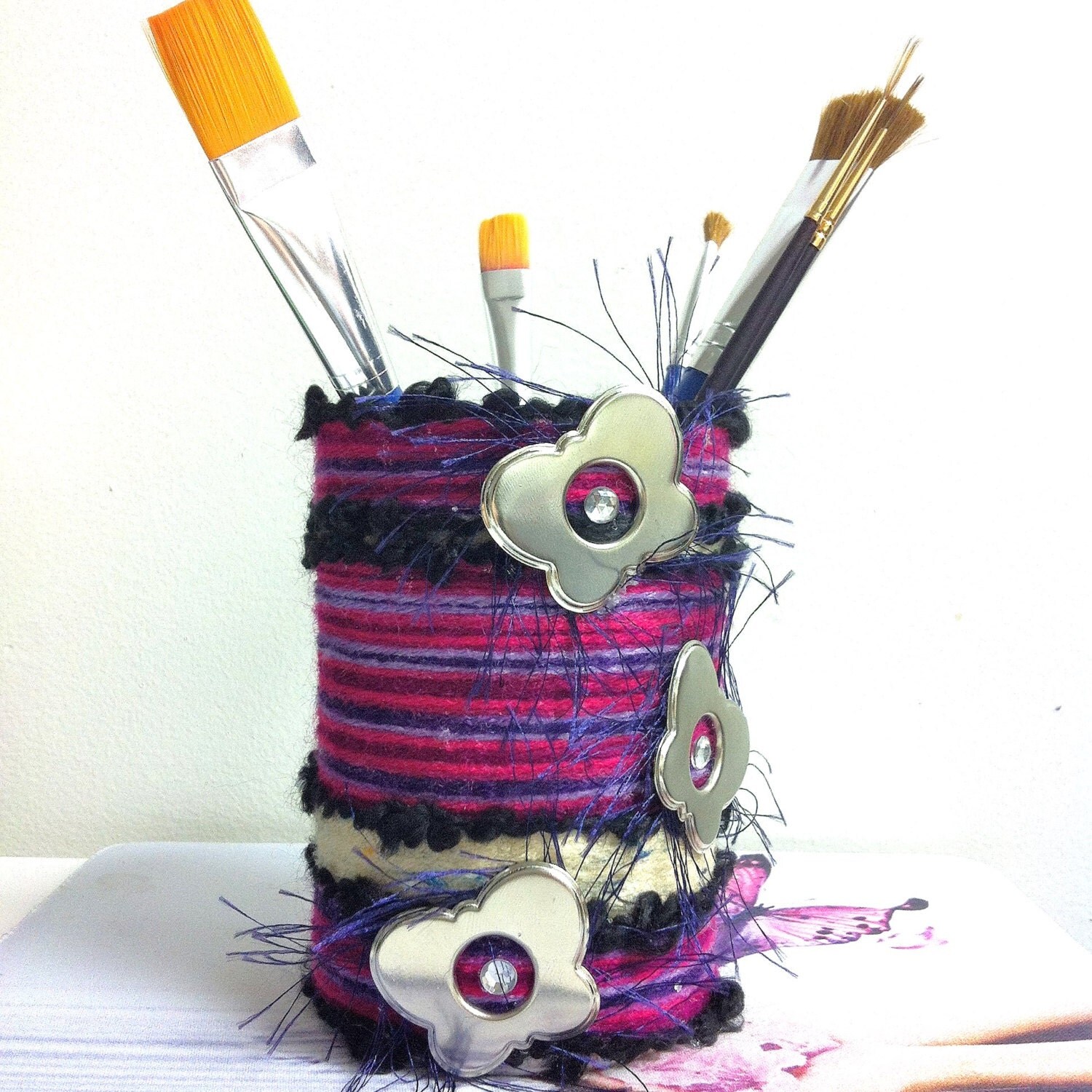 Pencil Holder Upcycled Purple Pencil Holder with Metallic