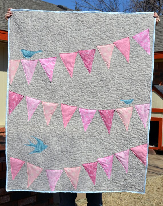 Items similar to Modern Baby Girl Quilt With Bunting Pennant Banner and