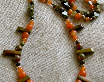 Orange & Olive Gemstone Bead Necklace - Aventurine and Unakite
