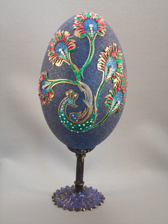 Stunning Faberge Style Decorated Egg of Vivid Peacock Design w