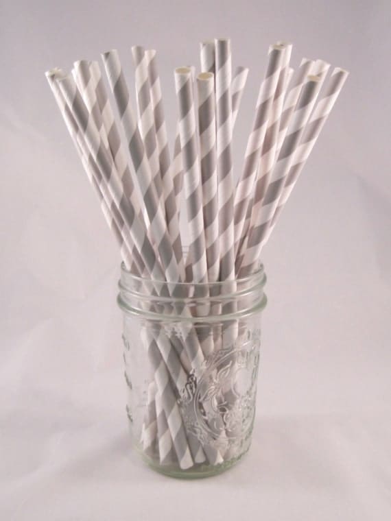 25 Grey / Silver Stripe Straws - ships less than 24 hours Il_570xn