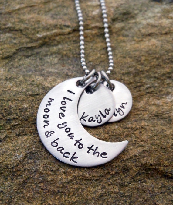 Personalized Necklace -  I love you to the moon and back - Hand Stamped with Names