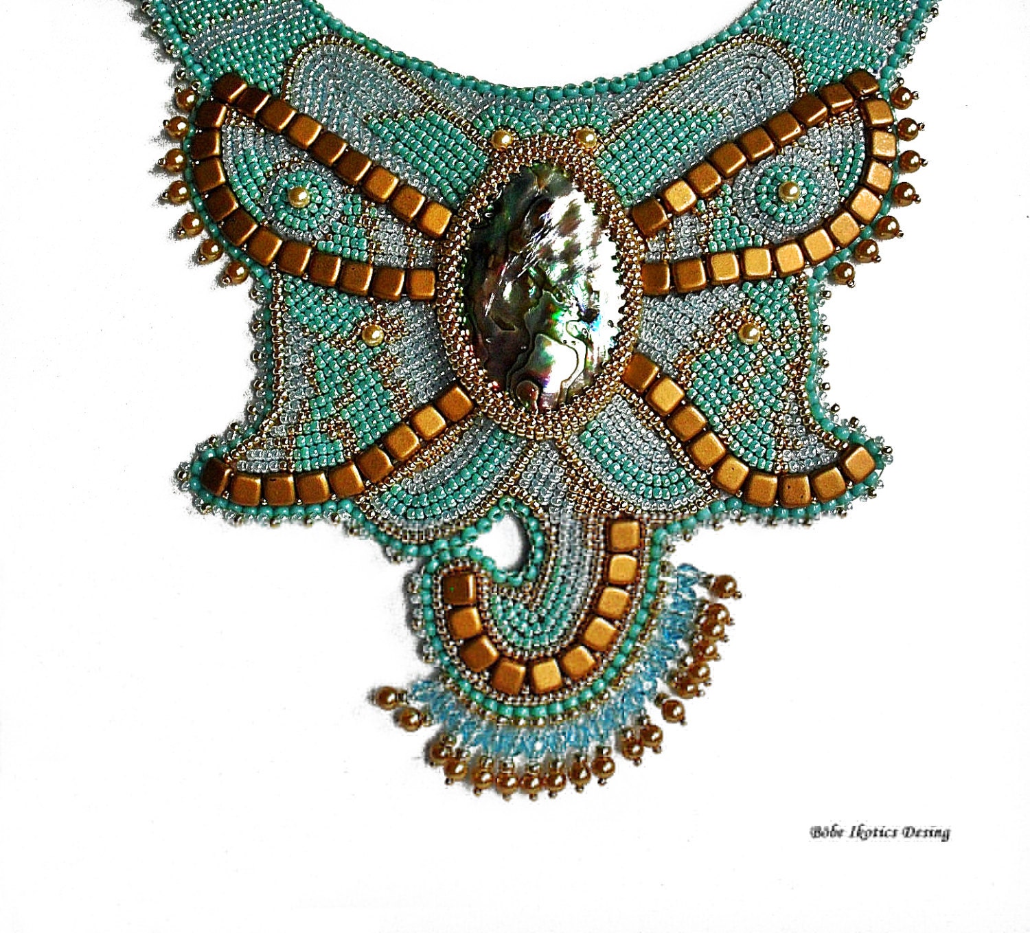 Bead Embroidery Necklace Collar Blue Gold Bronze Handmade