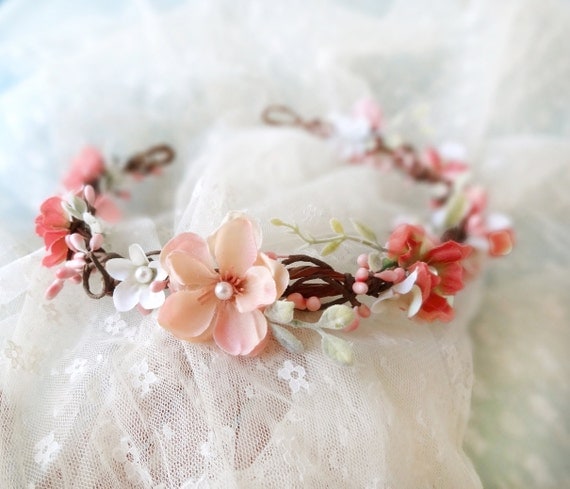 coral pink flower circlet mint green wedding cream bridal