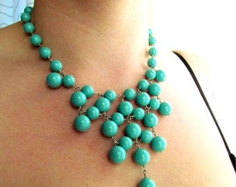 SIA-Teal Aqua Swarovski Crystal Pearl Silver Bib Style Necklace