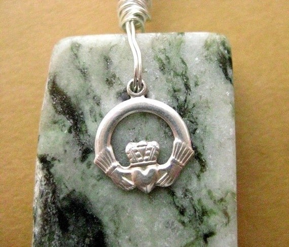 Connemara Marble Claddagh Pendant. Sterling Silver.  Handmade in Ireland.  Friendship