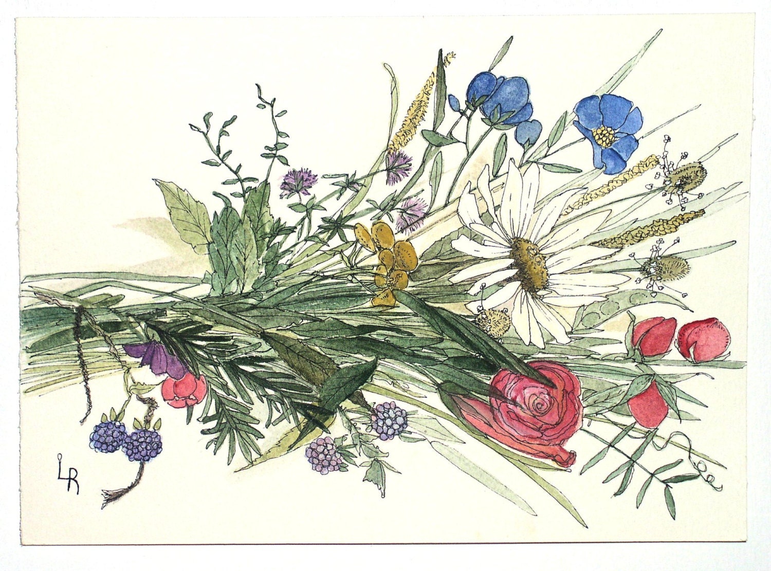 Botanical Watercolor Painting Woodland Garden by BetweenTheWeeds