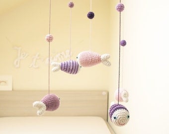 Fish Baby Mobile, Baby Girl Mobile, Purple Nursery Mobile, Sea Mobile, Crochet Mobile, Purple Nursery, Baby Shower Gift
