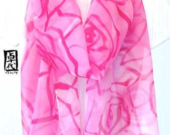 Handpainted Large Silk Scarf, Pink Silk Scarf, Spring Roses. Pink Floral Scarf. Silk Chiffon Scarf. Approx 13x69 in. Made to order.