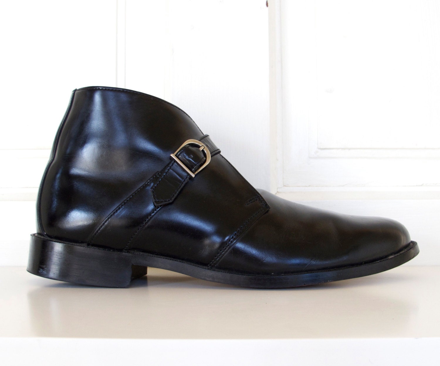 Men's Black Leather Buckle Boots / Polished Leather Dress