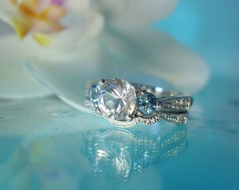 Elegant Snow White Herkimer Diamond and Aquamarine Engagement Ring and Wedding Band