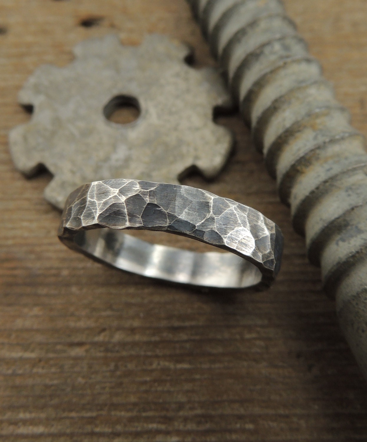 Mens Rugged Wedding Ring Hammered Recycled Sterling Silver